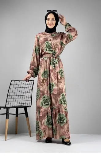 Floral Patterned Hijab Dress Khaki 0249SGS.HAK
