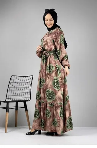Floral Patterned Hijab Dress Khaki 0249SGS.HAK