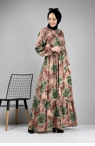Floral Patterned Hijab Dress Khaki 0249SGS.HAK