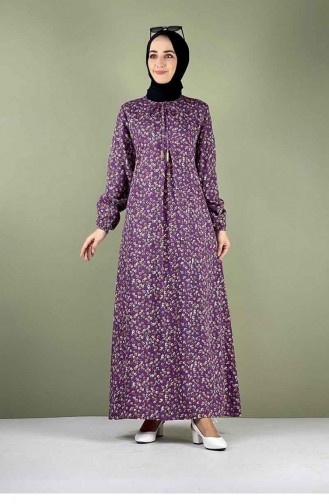 Robe Hijab Plissée à Motifs 0256A-03 Lilas 0256A-03