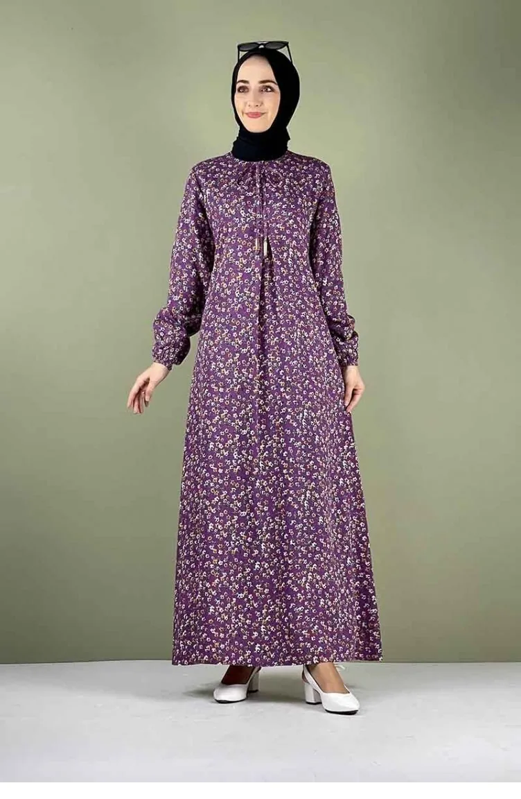 Robe Hijab Plissée à Motifs 0256A-03 Lilas 0256A-03