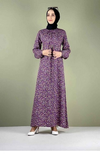 Robe Hijab Plissée à Motifs 0256A-03 Lilas 0256A-03