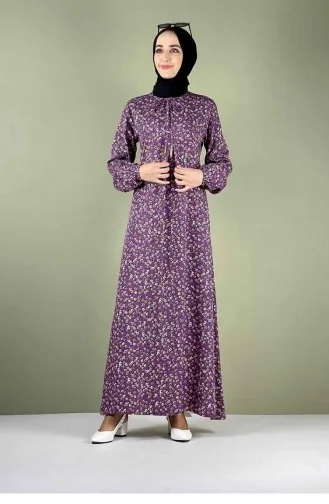 Robe Hijab Plissée à Motifs 0256A-03 Lilas 0256A-03