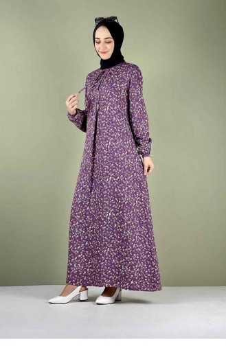 Robe Hijab Plissée à Motifs 0256A-03 Lilas 0256A-03
