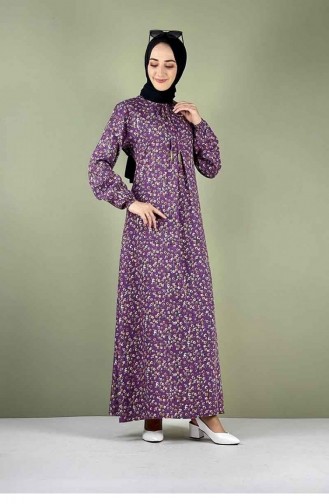 Robe Hijab Plissée à Motifs 0256A-03 Lilas 0256A-03
