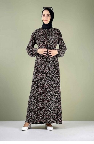 Une Robe Hijab Plissée à Motifs Noire 0256SGS.SYH