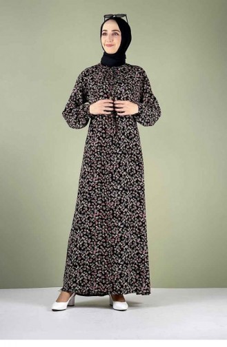 Une Robe Hijab Plissée à Motifs Noire 0256SGS.SYH