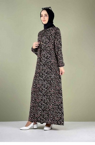 Une Robe Hijab Plissée à Motifs Noire 0256SGS.SYH
