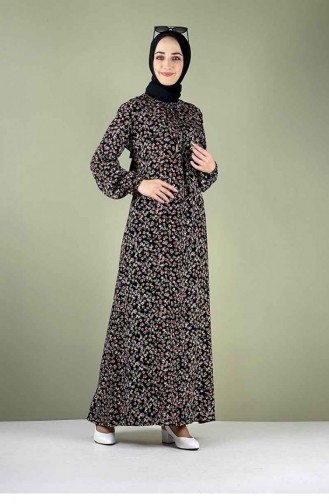 Une Robe Hijab Plissée à Motifs Noire 0256SGS.SYH