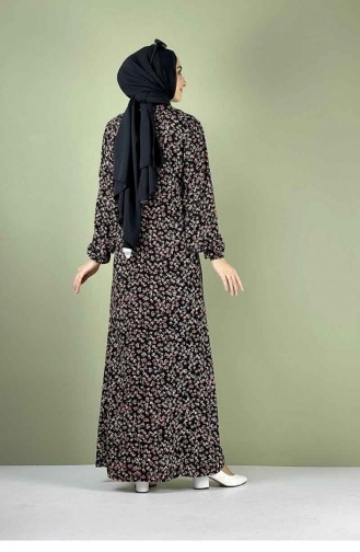 Une Robe Hijab Plissée à Motifs Noire 0256SGS.SYH