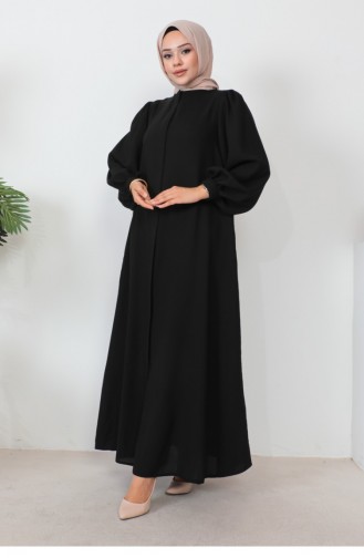 Zippered Balloon Sleeve Abaya Black 1078MP.SYH