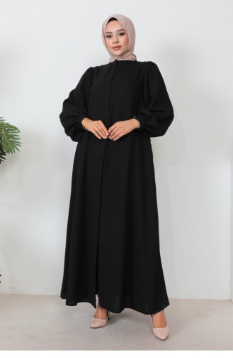 Zippered Balloon Sleeve Abaya Black 1078MP.SYH