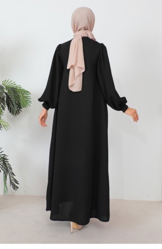 Zippered Balloon Sleeve Abaya Black 1078MP.SYH