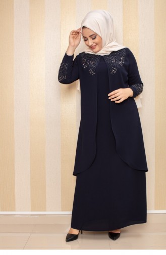 Steinbesticktes Hijab-Abendkleid In Marineblau 2021SMR.LCV
