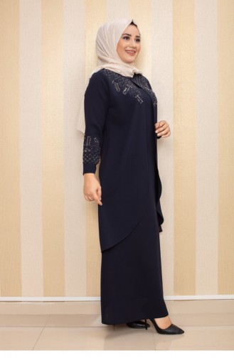 Steinbesticktes Hijab-Abendkleid In Marineblau 2021SMR.LCV