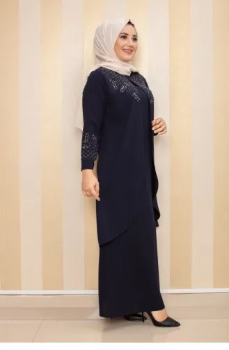 Steinbesticktes Hijab-Abendkleid In Marineblau 2021SMR.LCV