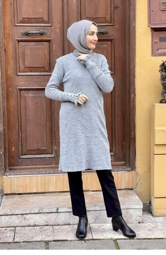 Ruffle Detailed Knitwear Tunic Gray 4028KLC.GRI