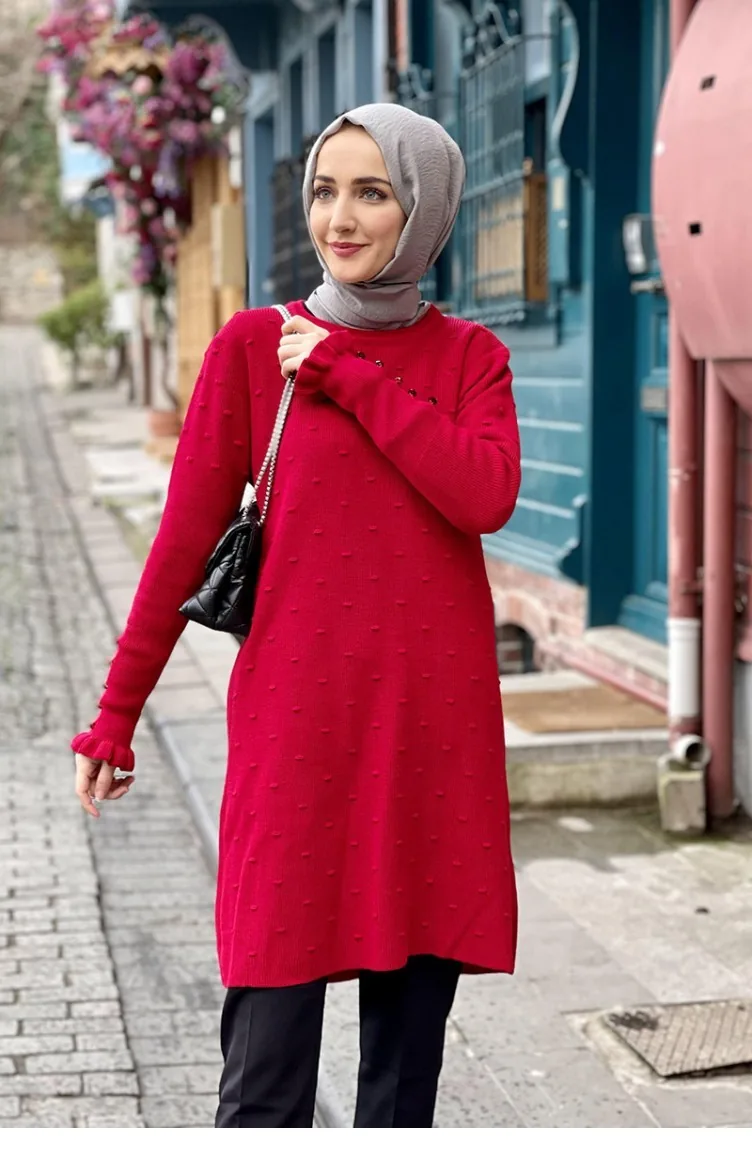 Kolları Fırfır Detaylı Triko Tunik Kırmızı