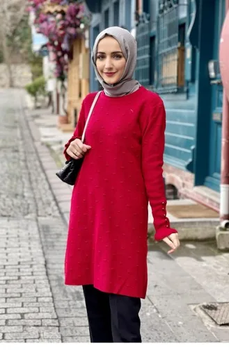 Kolları Fırfır Detaylı Triko Tunik Kırmızı