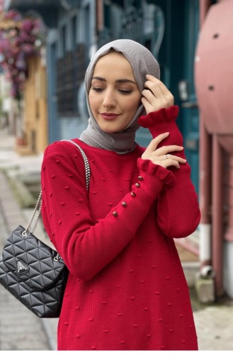 Ruffle Detailed Knitwear Tunic Red 4028KLC.KRZ