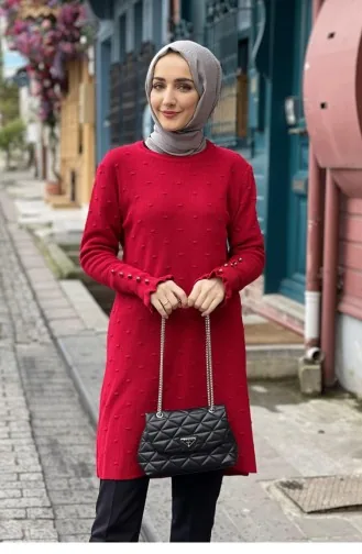 Kolları Fırfır Detaylı Triko Tunik Kırmızı