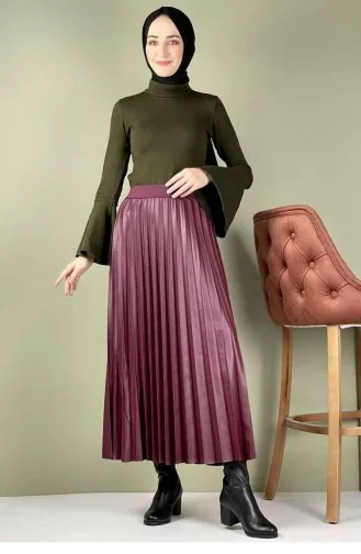 Jupe En Cuir Plissée Rouge Claret 5228NRS.BRD
