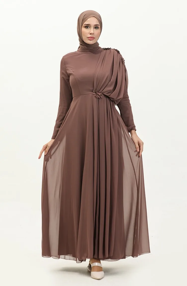 Lace Chiffon Evening Dress 5571-03 Milk Brown 5571-03 | Sefamerve