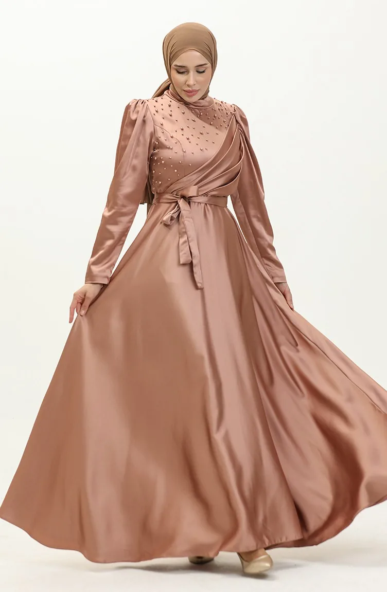 Satin Abendkleid mit Perlen 5650-02 Milchkaffee 5650-02