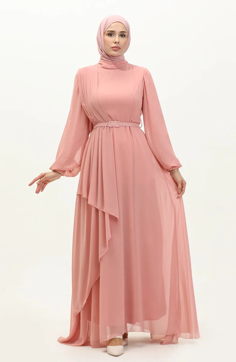 Chiffon-Abendkleid Mit Gürtel 6701-01 Puder 6701-01