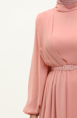 فستان سهرة شيفون بتصميم حزام للخصر 6701-01 لون وردي 6701-01
