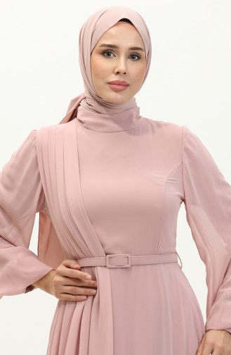 فستان سهرة شيفون بحزام 6701-02 بودرا فاتح 6701-02