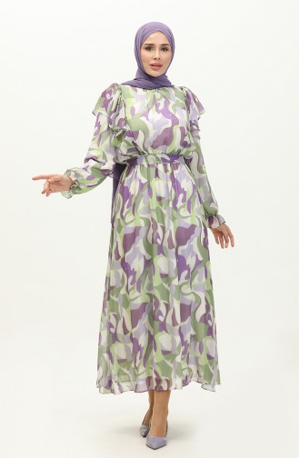 Patterned Chiffon Dress 5953-01 Lilac Khaki 5953-01