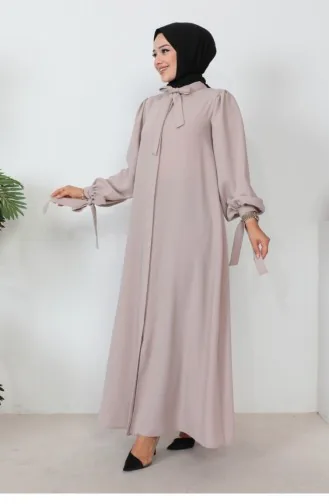 عباية بأكمام منفوشة وأربطة باللون البيج 1077MP.BEJ