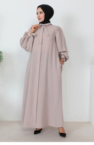 عباية بأكمام منفوشة وأربطة باللون البيج 1077MP.BEJ