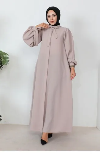 عباية بأكمام منفوشة وأربطة باللون البيج 1077MP.BEJ