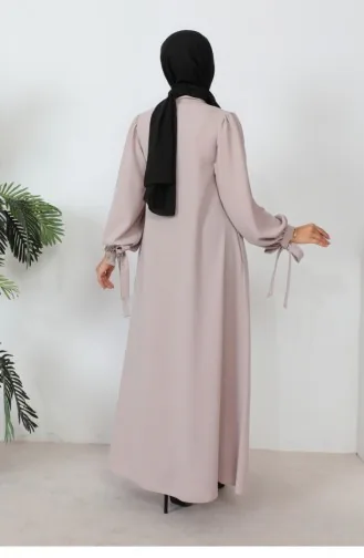 عباية بأكمام منفوشة وأربطة باللون البيج 1077MP.BEJ