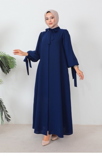 Abaya à Manches Ballon à Lacets Bleu Marine 1077MP.LCV