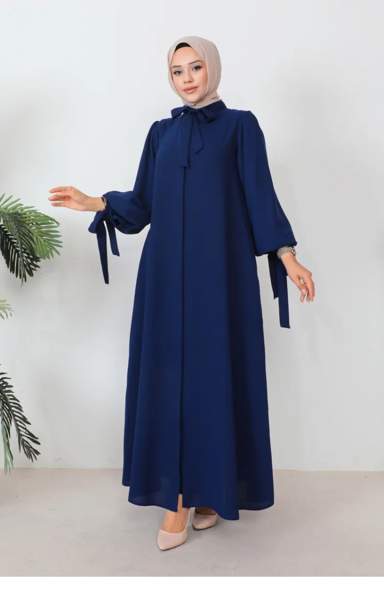 Abaya à Manches Ballon à Lacets Bleu Marine 1077MP.LCV
