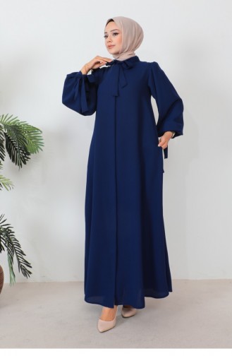 Abaya à Manches Ballon à Lacets Bleu Marine 1077MP.LCV