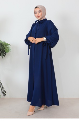 Abaya à Manches Ballon à Lacets Bleu Marine 1077MP.LCV