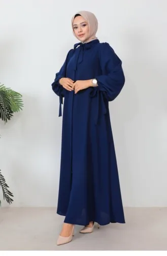 Abaya à Manches Ballon à Lacets Bleu Marine 1077MP.LCV