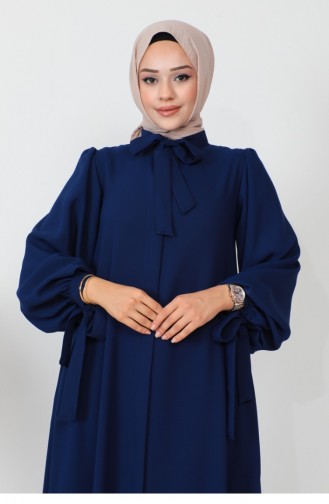 Abaya à Manches Ballon à Lacets Bleu Marine 1077MP.LCV