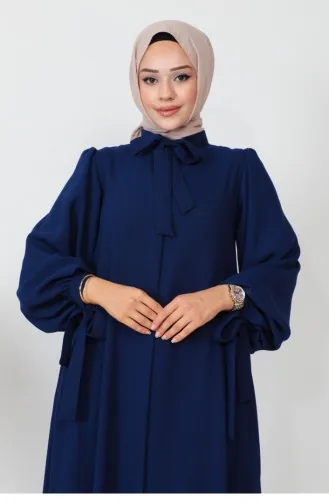Abaya à Manches Ballon à Lacets Bleu Marine 1077MP.LCV