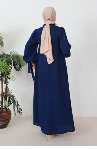 Abaya à Manches Ballon à Lacets Bleu Marine 1077MP.LCV