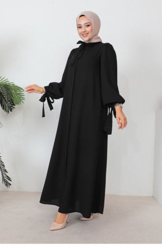 Lace-Up Balloon Sleeve Abaya Black 1077MP.SYH