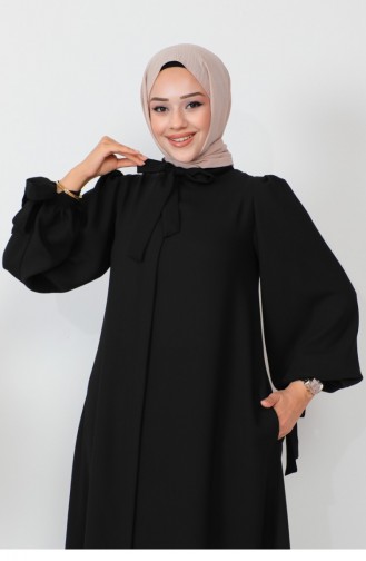 Lace-Up Balloon Sleeve Abaya Black 1077MP.SYH