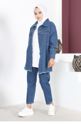 Veste En Jean Détail Pompon Bleu 6011 14916