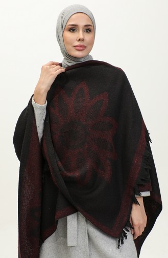 Poncho à Motifs Fleuris 2036-01 Prune Noir 2036-01