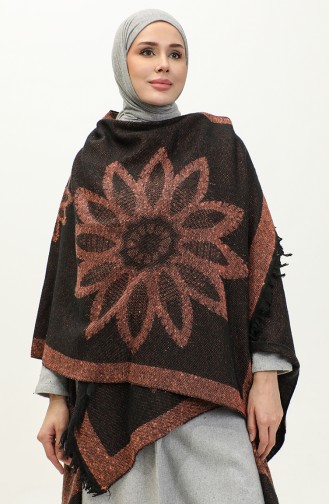 Floral Patterned Poncho 2036-02 Orange Black 2036-02