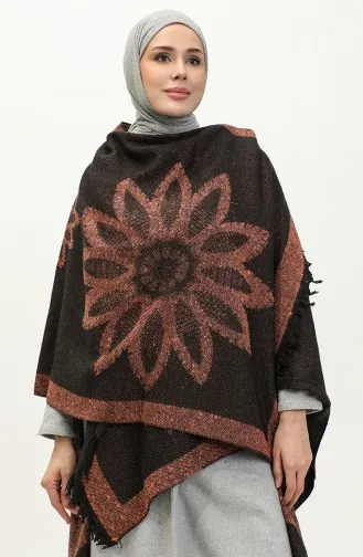 Floral Patterned Poncho 2036-02 Orange Black 2036-02